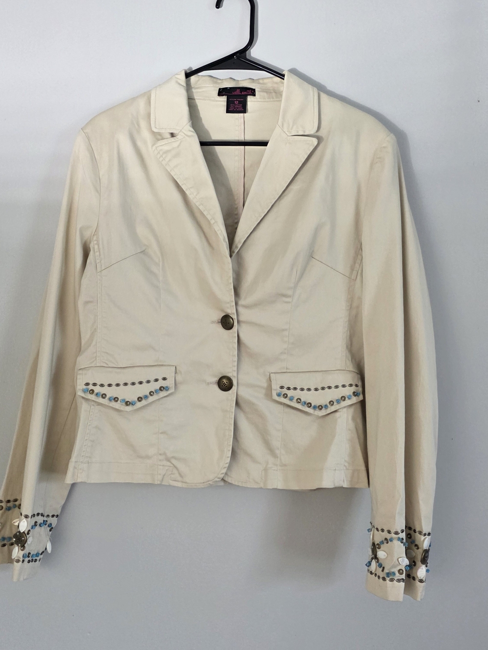 Womens Beige Shell Embellished Button Boho Chic Y2k Jacket Pockets Sz 12 Costal